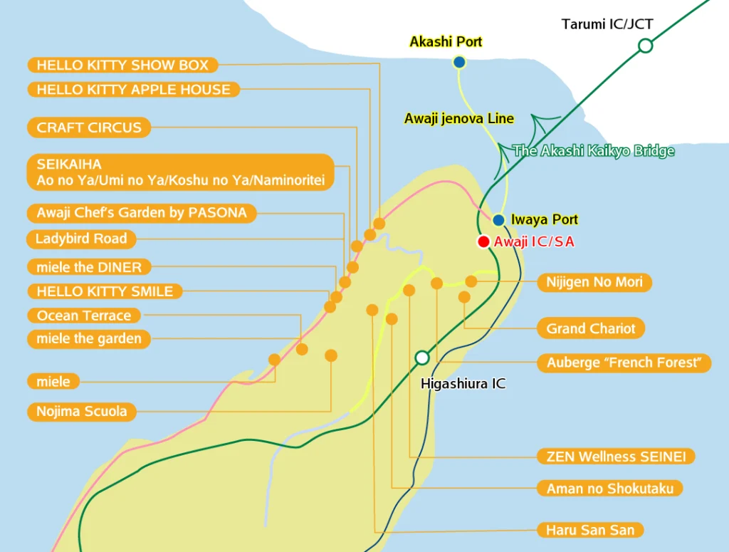 Map of West-Coast Awaji Island showing major attractions, Hello Kitty facilities, restaurants, wellness centers, ports, and highway interchanges near the Akashi Kaikyo Bridge.