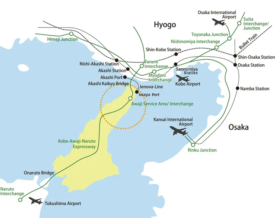 Map showing transportation routes from Osaka, Kobe, and Kansai airports to Awaji Island via expressways, train lines, ports, and interchanges.