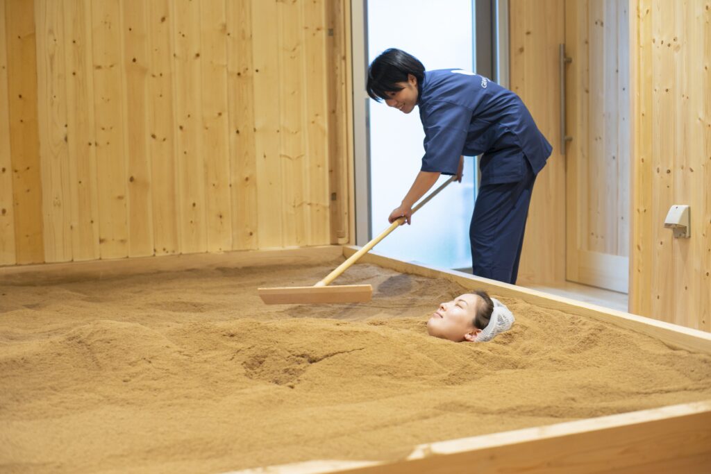 Awaji Island enzyme bath with natural rice bran and cypress sawdust at Grand Chariot wellness experience