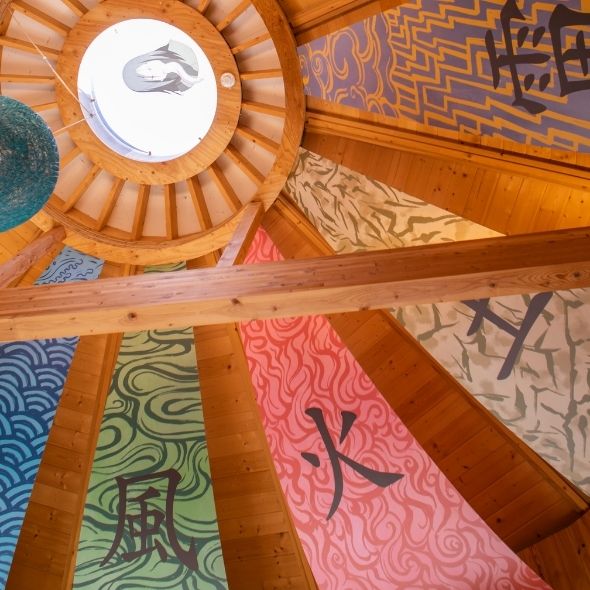 Naruto Hokage Villa cocoon ceiling with kanji designs inspired by the anime at Grand Chariot Awaji Island