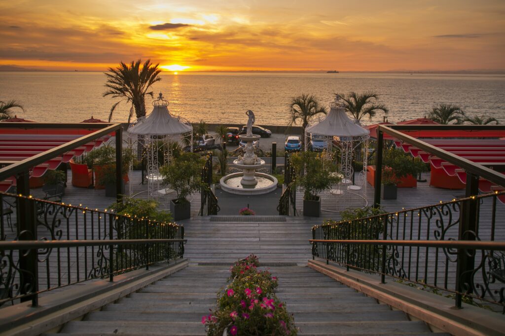 A stunning golden sunset over the Seto Inland Sea, viewed from the scenic terrace at Ocean Terace on Awaji Island