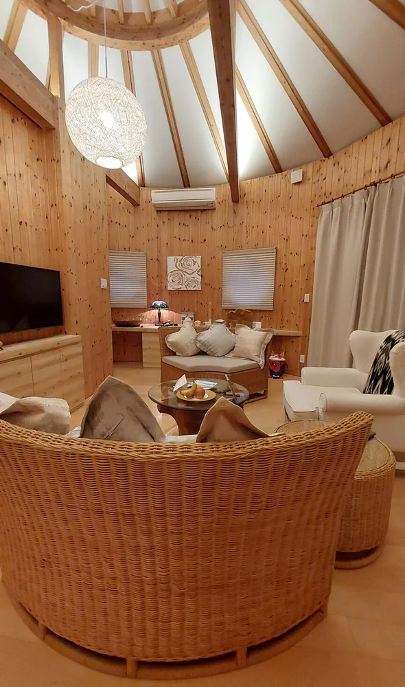 Grand Chariot Awaji Island cocoon villa interior with wooden design and terrace view