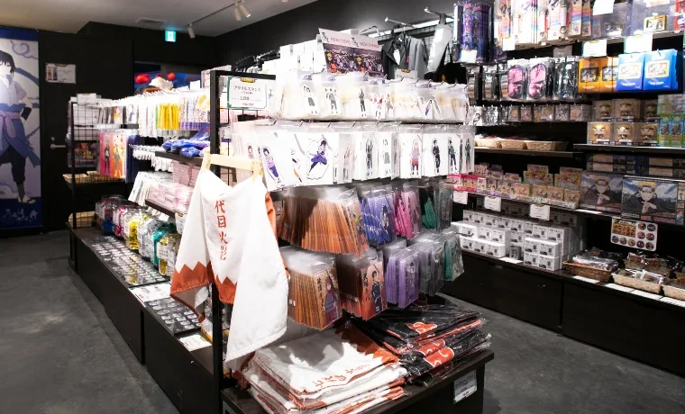 Interior view of Naruto shop at Nijigen no Mori on Awaji Island (Awajishima), Japan with many anime goods and souvenirs