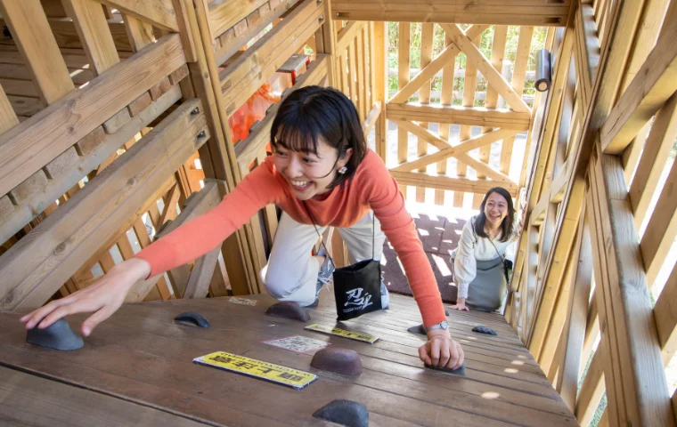 Visitors exploring multi level ninja maze Ten no Maki behind Hokage Rock at Nijigen no Mori Awaji Island