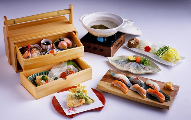 Traditional Japanese meal at Aonoya on Awaji Island featuring sushi, tempura, sashimi, and seasonal dishes.