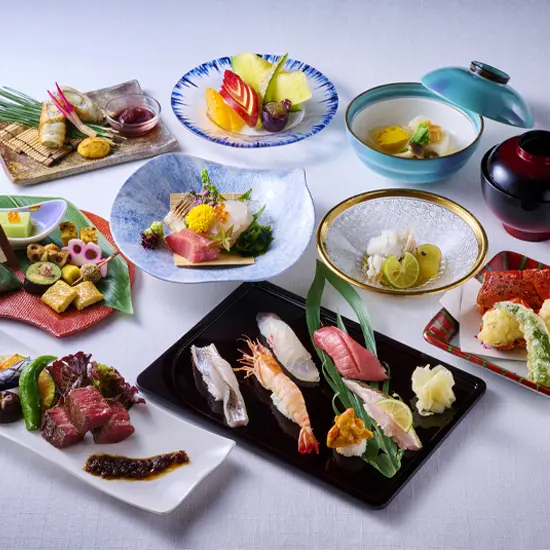 Kaiseki-style Aonoya meal on Awaji Island featuring sushi, tempura, sashimi, and seasonal Japanese dishes.