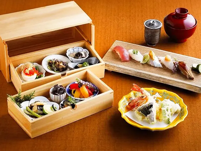 Aonoya meal on Awaji Island featuring assorted sushi, light tempura, and seasonal Japanese dishes.