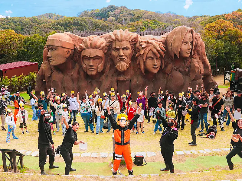 Naruto birthday celebration event with visitors at Hokage Rock in Nijigen no Mori on Awaji Island