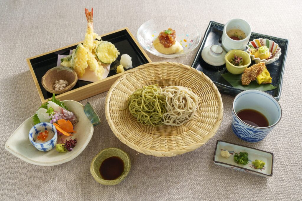 Japanese soba set meal with shrimp tempura, appetizers, and dipping sauce