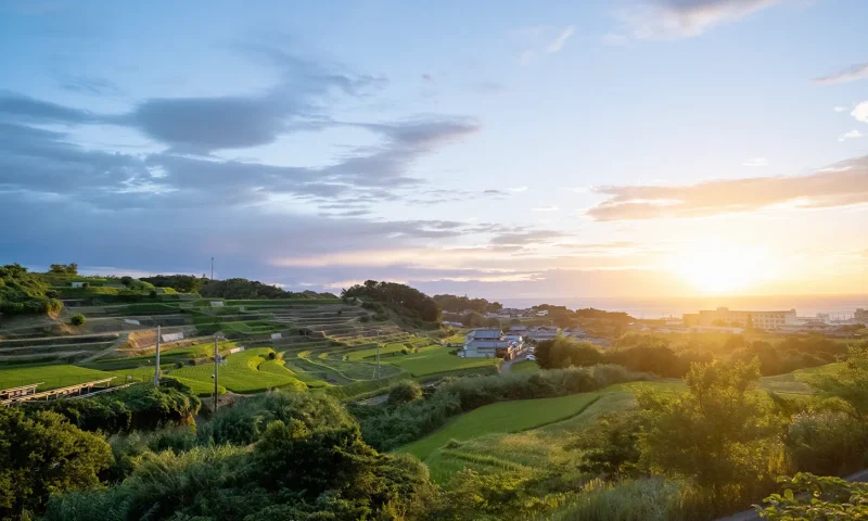 Stunning sunset landscape over the terraced rice fields on Awaji Island, Hyogo.