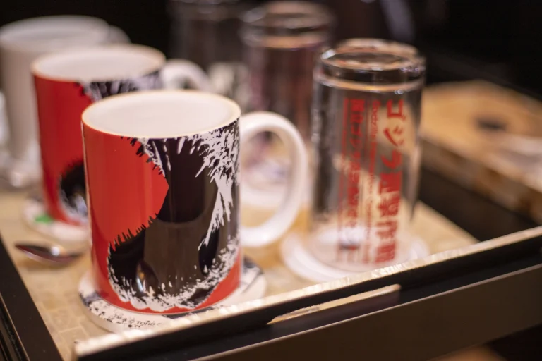 Godzilla themed cups in Grand Chariot Awaji Island cocoon villa room