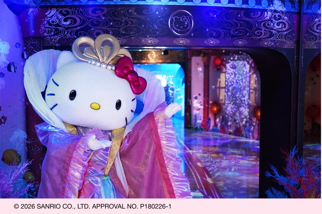 Hello Kitty character display in a colorful underwater-themed room at HELLO KITTY SMILE on Awaji Island