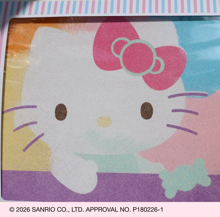 Hello Kitty sand art design with colorful layered sand in a display frame