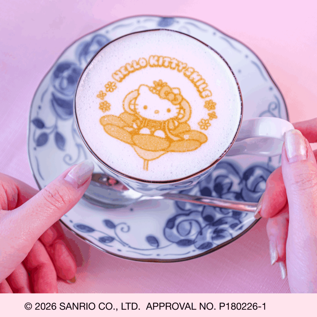 Hello Kitty latte art in a cup at Ryugu Restaurant Tamatebako Awaji Island
