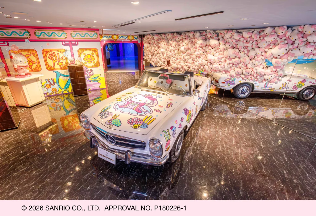 Hello Kitty car photo spot with colorful display inside HELLO KITTY SMILE Awaji Island