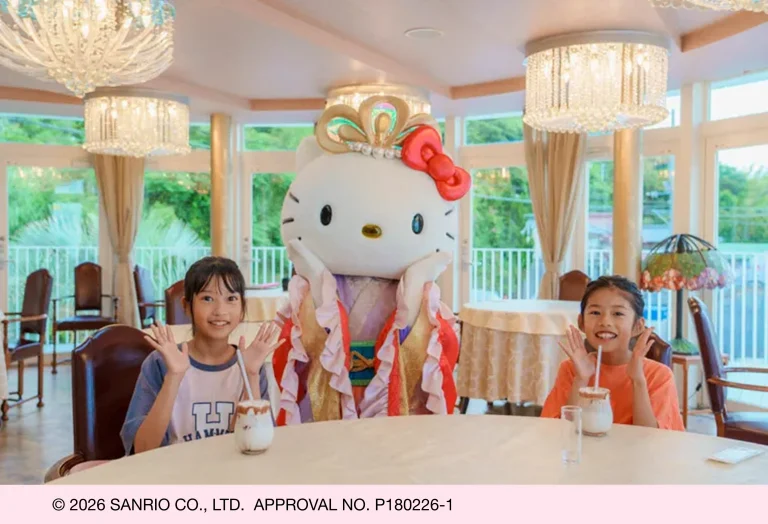 Hello Kitty greeting with visitors at Ryugu Restaurant Tamatebako overlooking the sea on Awaji Island