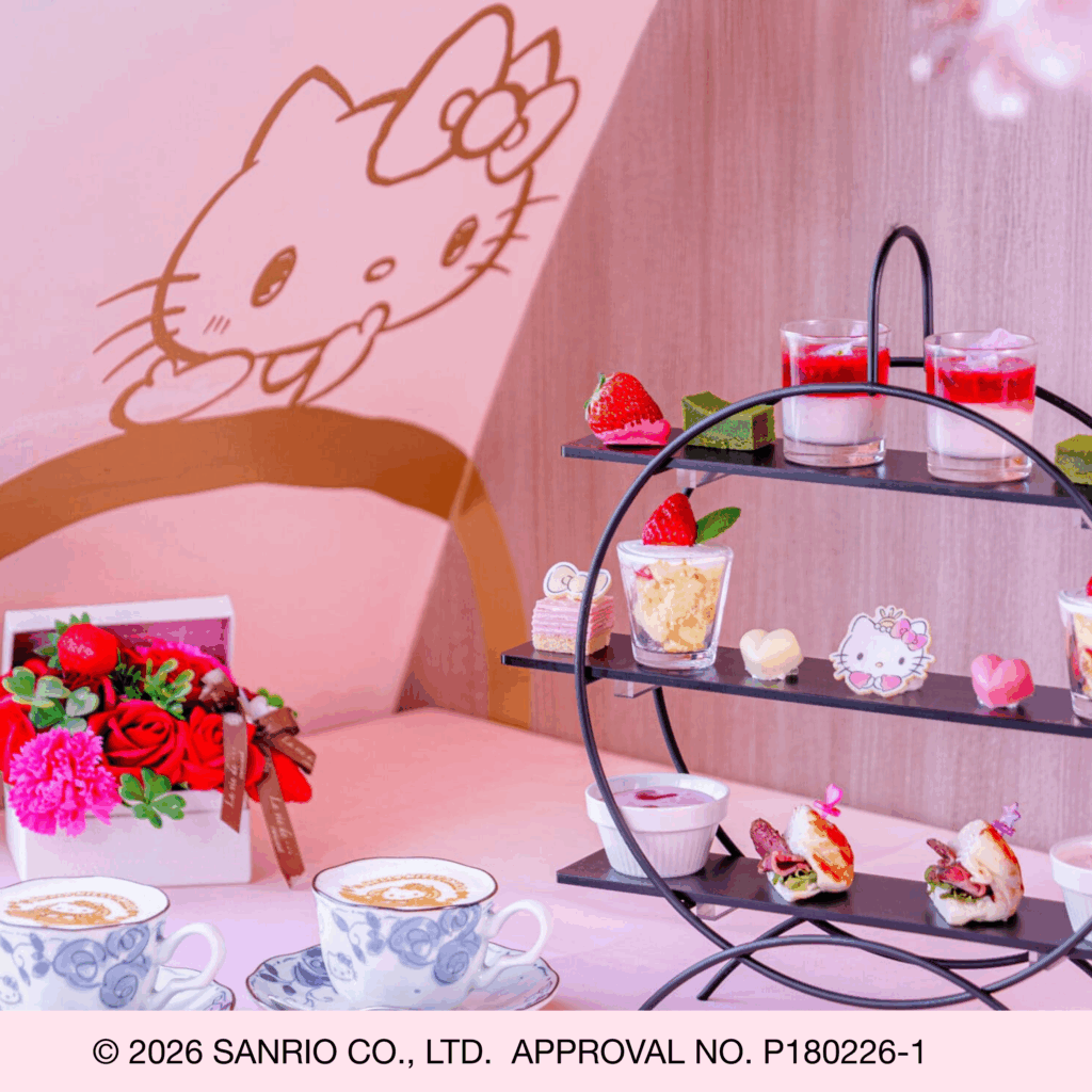 Hello Kitty afternoon tea set with desserts and drinks at Restaurant Tamatebako Awaji Island