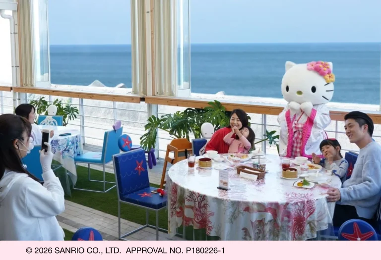 Hello Kitty greeting with visitors at GARDEN Terrace overlooking the sea on Awaji Island