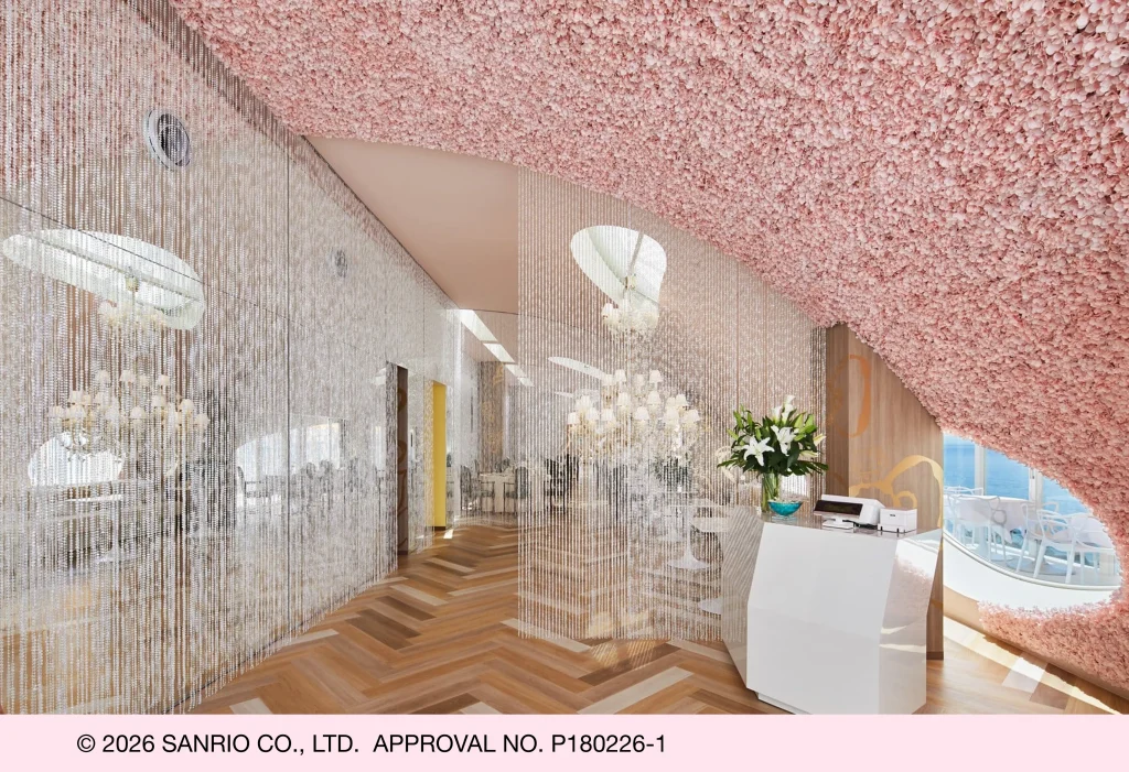elegant interior of Restaurant Tamatebako with pink floral ceiling HELLO KITTY SMILE Awaji Island Japan